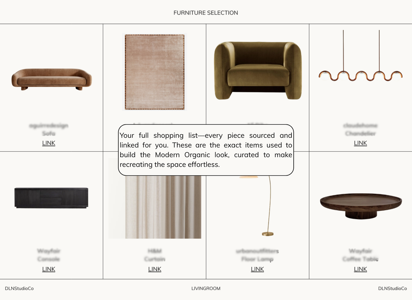 Modern Organic Luxe Living Room – Digital Design Guide & Shoplist